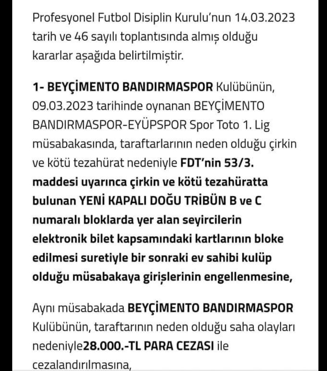 Bandırmaspor’a kötü tezahürat cezası Bandırmaspor, Spor Toto 1. Lig’in 25. haftasında evinde karşılaştığı Eyüpspor