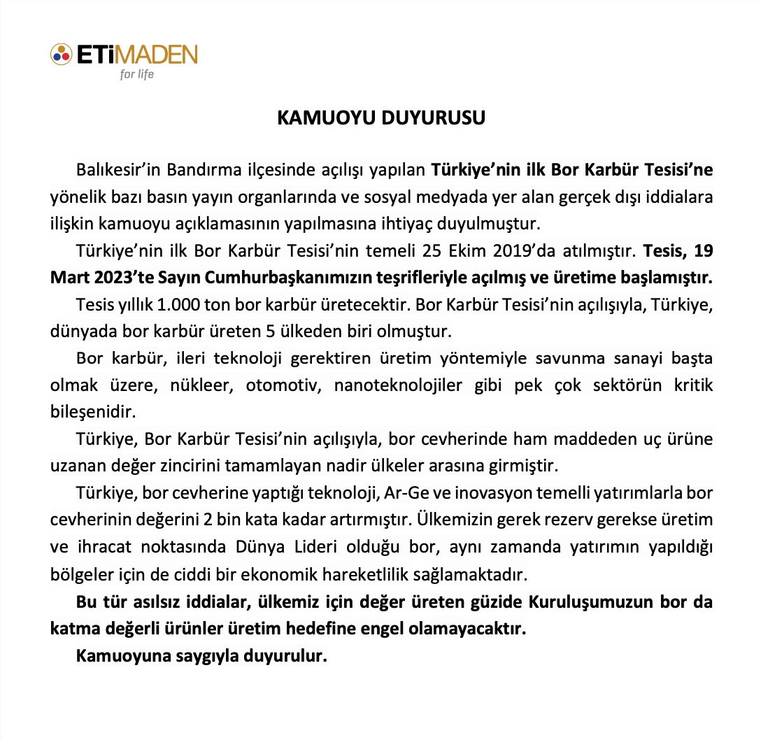 Eti Maden: “Bor Karbür Tesisinde üretim yok iddiası doğru değildir” Eti Maden, bazı basın yayın organlarında ve sosyal medyada yer