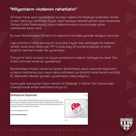 Bandırmaspor’dan TFF’ye: “Milyonların vicdanını rahatlatın” andırmaspor’da yönetim, Altınordu müsabakasına ilişkin sosyal medya hesabından yapılan açıklamada