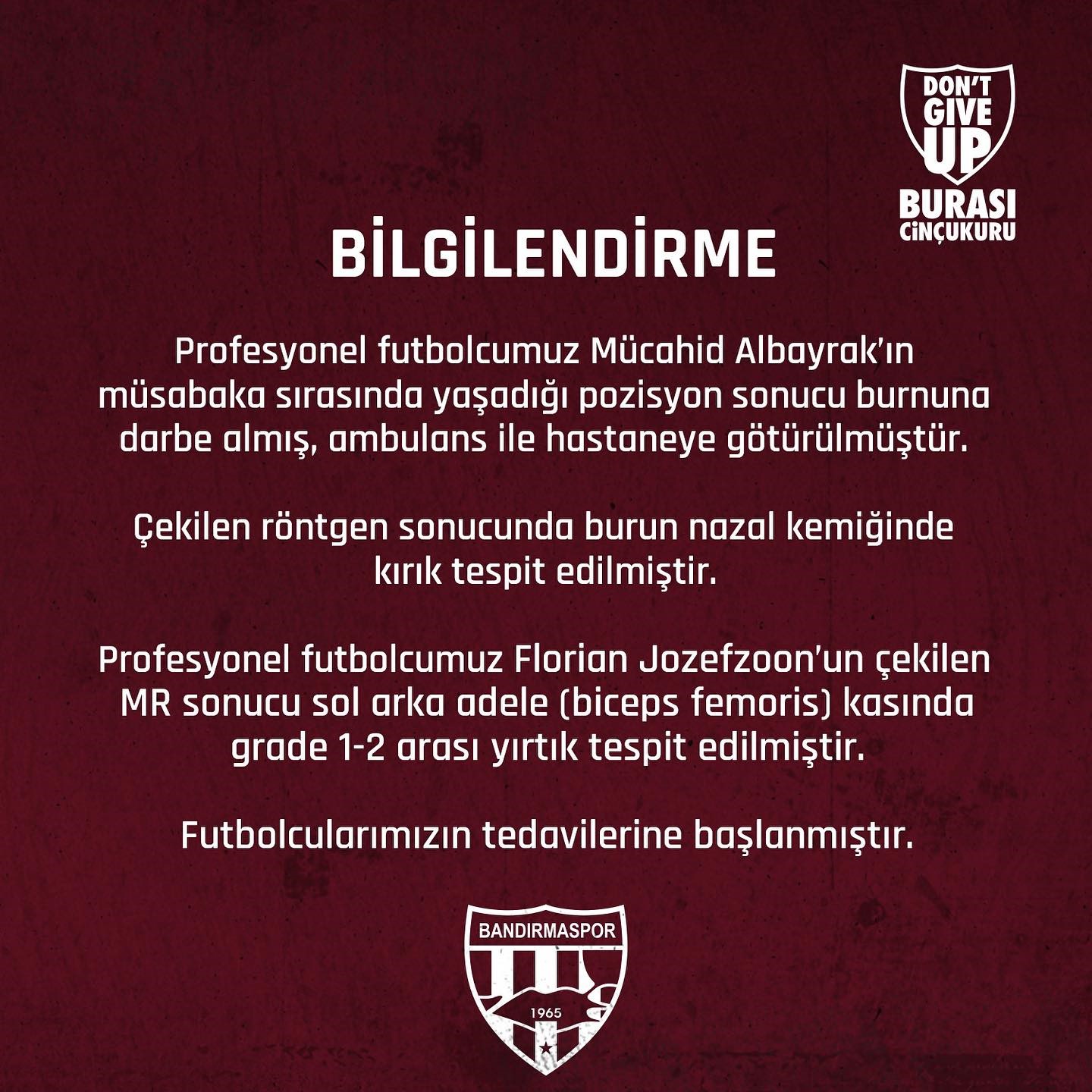 Bandırmaspor’da iki futbolcu sakatlandı Trendyol 1. Lig ekibi Bandırmaspor, Mücahid Albayrak ve Florian Jozefzoon’un