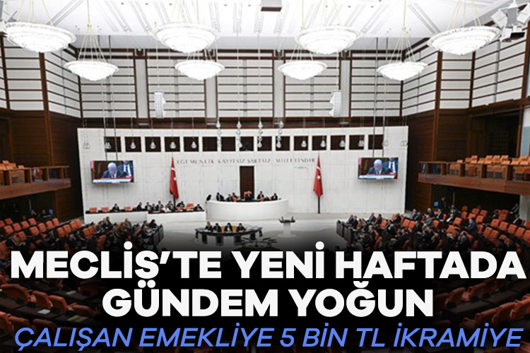 Meclis’te yeni haftada gündem yoğun: Çalışan emekliye 5 bin TL ikramiye Meclis’te yeni haftada gündem oldukça yoğun. Genel Kurul’un 2 haftalık