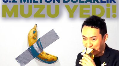 İtalyan heykel sanatçısı Maurizio Cattelan'ın "Komedi" adını verdiği, duvara bantla