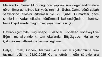 Balıkesir Valiliği, Meteoroloji Genel Müdürlüğü'nden alınan son değerlendirmeler doğrultusunda il