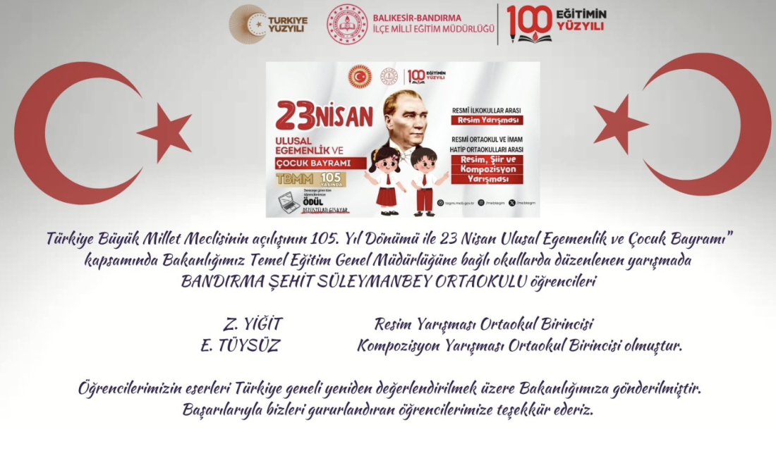 Bandırma Şehit Süleymanbey Ortaokulu Öğrencileri Yarışmada Birincilik Kazandı Balıkesir’in Bandırma ilçesinde, Bandırma Şehit Süleymanbey Ortaokulu öğrencileri, Milli Eğitim