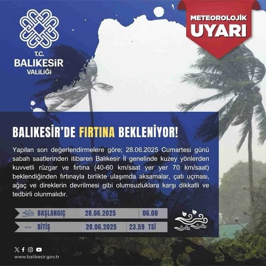 Meteoroloji’den Balıkesir’e fırtına uyarısı Balıkesir il genelinde 28 Haziran Cumartesi günü sabah saatlerinden itibaren
