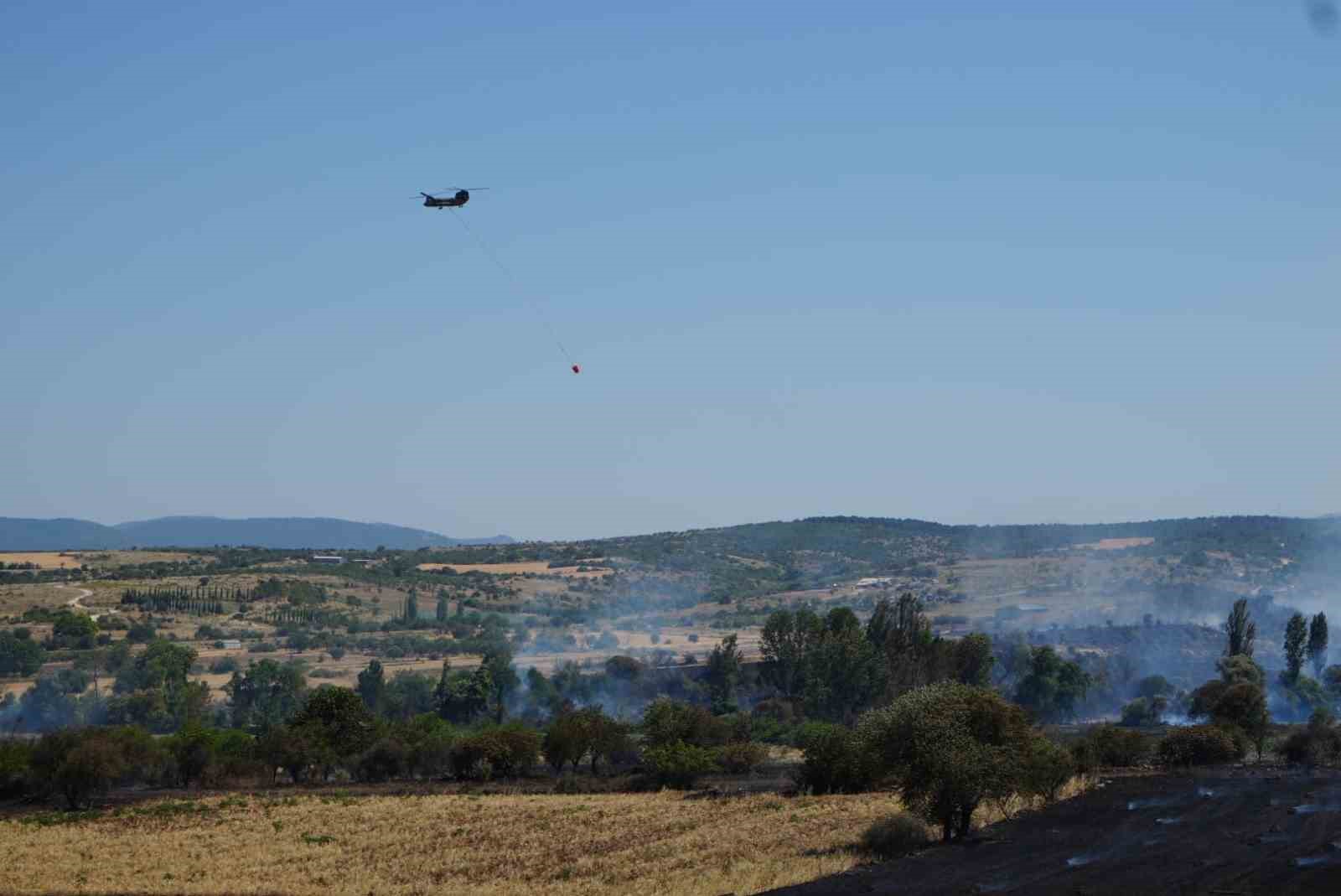 Balıkesir’in Pamukçu Mahallesi’nde tarım arazisinde çıkan yangına havadan ve karadan