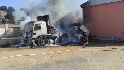 Balıkesir’de bir işletmenin bahçesinde park halindeki kamyonda çıkan yangın otluk