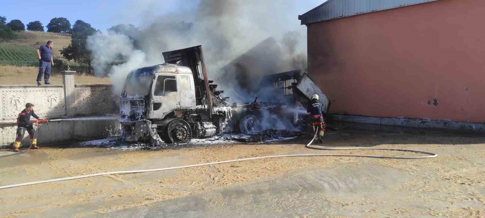 Balıkesir’de bir işletmenin bahçesinde park halindeki kamyonda çıkan yangın otluk
