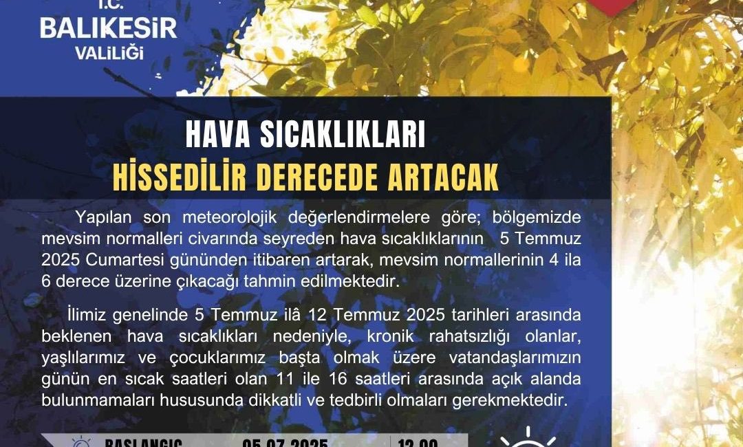 Balıkesir Valiliği’nden sıcak hava uyarısı 5-12 Temmuz tarihleri arasında etkili olması beklenen sıcak hava dalgasına