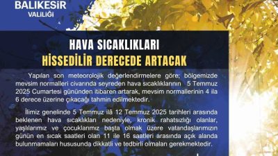5-12 Temmuz tarihleri arasında etkili olması beklenen sıcak hava dalgasına
