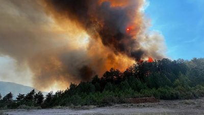 Balıkesir’in Sındırgı ilçesi kırsalında çıkan orman yangınını söndürme çalışmaları havadan