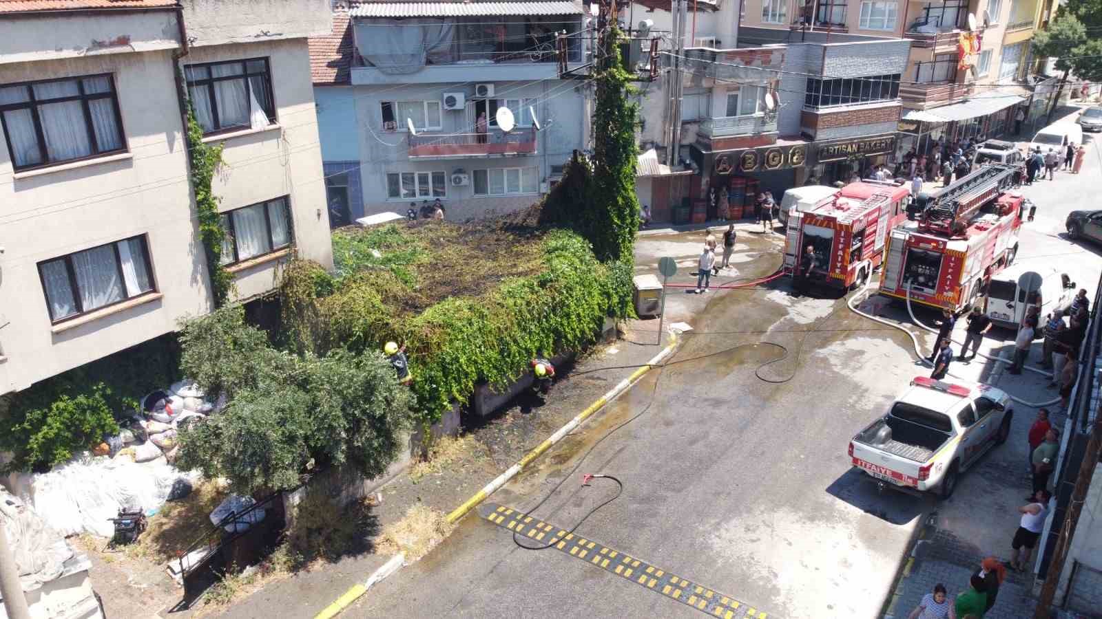 Balıkesir’in Altıeylül ilçesinde bir evin bahçesindeki çardakta başlayan yangın paniğe