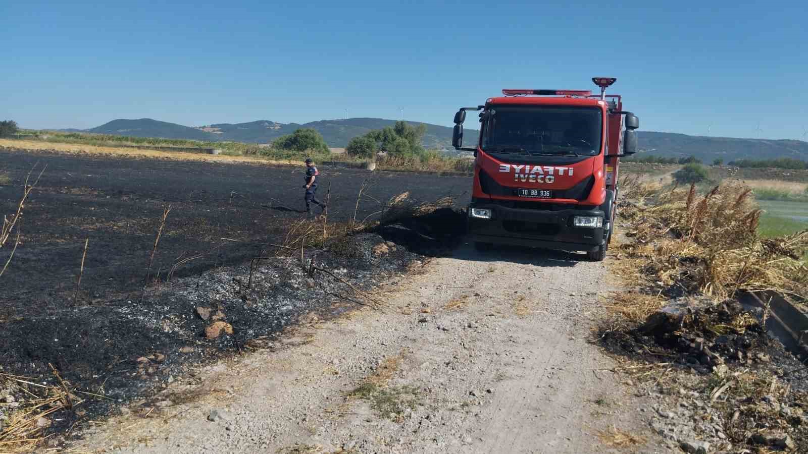 Balıkesir’in Gönen ilçesinde ekili buğday tarlası ve arazide çıkan yangın,