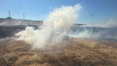 Balıkesir’in Bandırma ilçesinde meydana gelen anız yangını, itfaiye ekiplerinin müdahalesi
