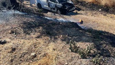 Balıkesir’in Manyas ilçesinde bir araçta çıkan ve yol kenarındaki otluk